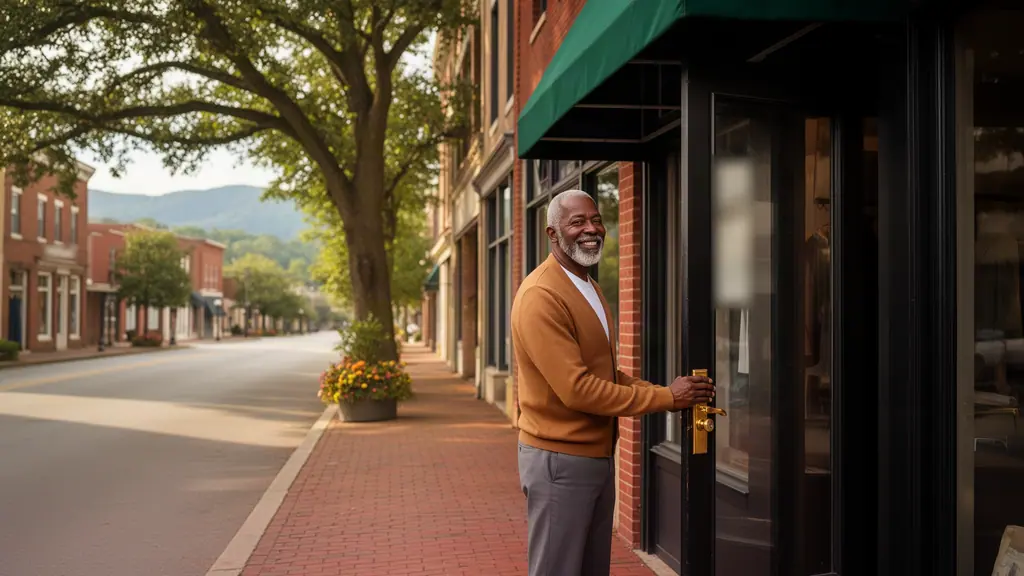 A smiling man in a camel cardigan opens the black door of his shop on a tree-lined brick street with foothills beyond.